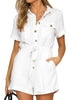 Front view of model wearing white short sleeves button-down belted romper