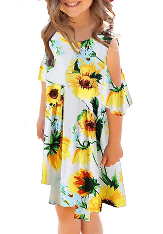 Yellow Cold-Shoulder Floral Short Sleeves Girl Tunic Dress