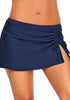Front view of model wearng navy elastic waist slit side-drawstring skirtini bottom