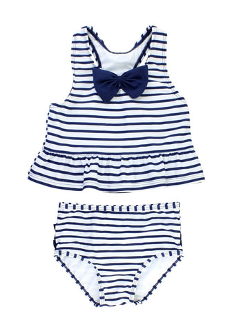 Navy Bow-Front Striped Ruffle Two-Piece Baby Swimsuit