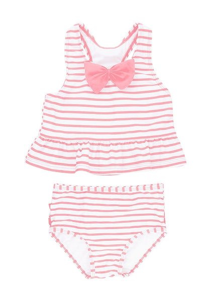 Front view of pink bow-front striped ruffle two-piece baby swimsuit's 3D image