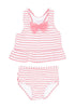Front view of pink bow-front striped ruffle two-piece baby swimsuit's 3D image