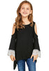Front view of pretty model wearing black cutout shoulder crochet flare sleeves girl tunic
