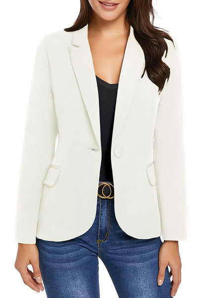 Front view of pretty model wearing white back-slit notched lapel blazer