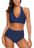 Front view of sexy model wearing navy halter ruched high-waist bikini set