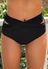 Front view of wearing black crisscross-waist cutout ruched bikini bottom