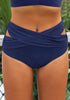 Front view of wearing navy crisscross-waist cutout ruched bikini bottom