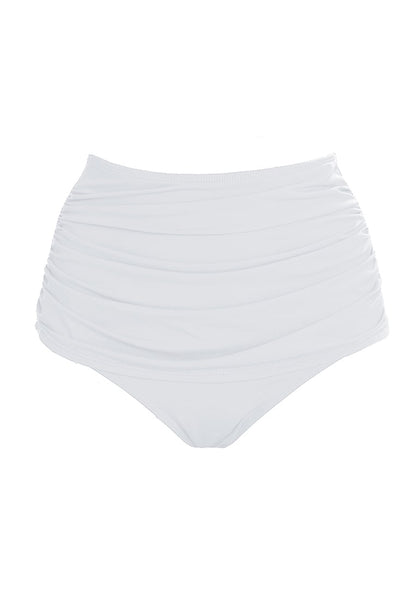 Front view of white high waist ruched swim bottom's 3D image