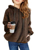 Front view of young model wearing dark brown fuzzy fleece hooded girl's sweater