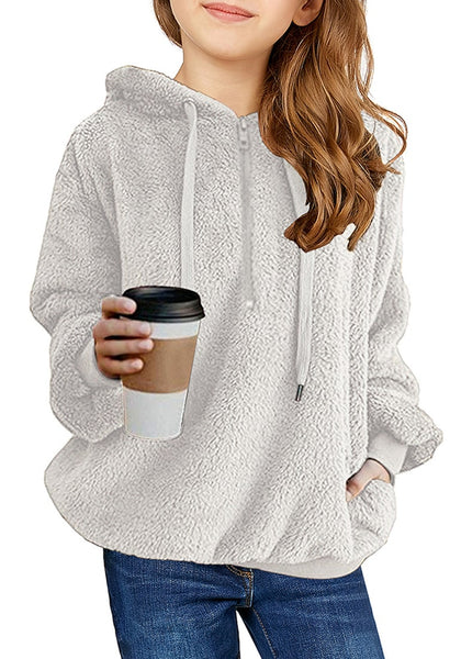 Front view of young model wearing light grey fuzzy fleece hooded girl's sweater