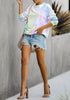 Front full body of model wearing pink and blue tie-dye drop shoulder pullover sweater