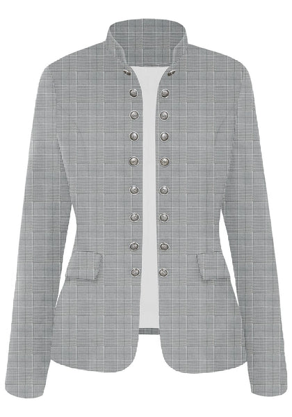 Front view of grey plaid stand collar open-front blazer's image