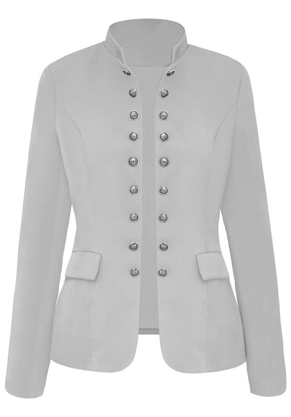 Front view of light grey stand collar open-front blazer