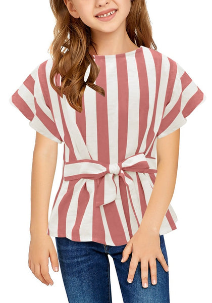 Front view of little girl wearing dark blush flare short sleeves keyhole-back striped little girl top