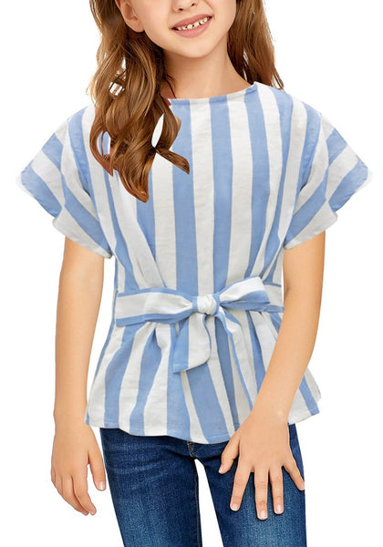 Front view of little girl wearing light blue flare short sleeves keyhole-back striped little girl top