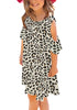 Front view of little model wearing off-white leopard cold shoulder ruffle sleeves girl tunic dress
