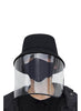 Front view of man wearing full face bucket hat protective face shield