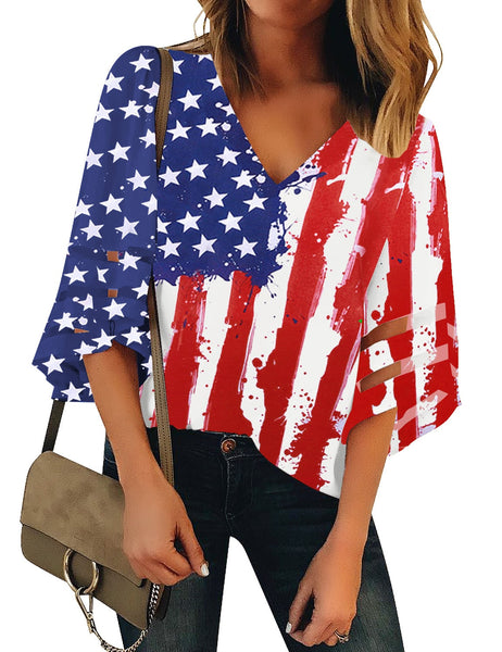 Front view of model wearing American flag 34 bell mesh panel sleeves V-neckline loose top