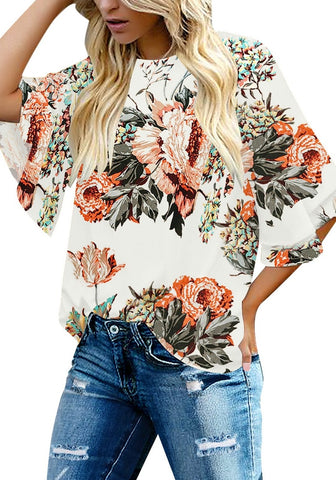 Floral Pirnt Brilliant White Women's Summer Blouse Casual Ruffle 3/4 Sleeve Tops Loose Shirts