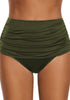 Front view of model wearing army green high waist ruched swim bottom