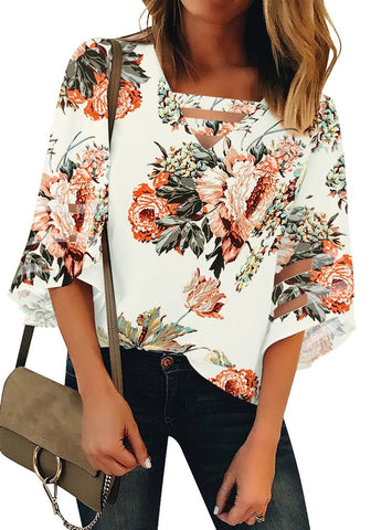 White Floral Women's Casual V Neck Mesh Panel Blouse Tops 3/4 Bell Sleeve Shirt