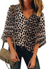 Front view of model wearing black 34 bell mesh panel sleeves V-neckline leopard-print loose top