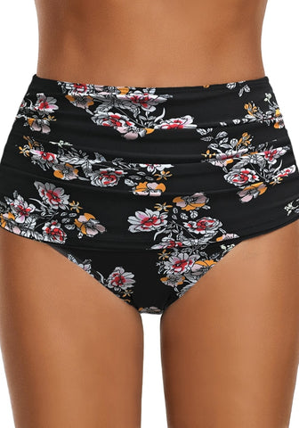 Black Floral-Print High Waist Ruched Swim Bottom
