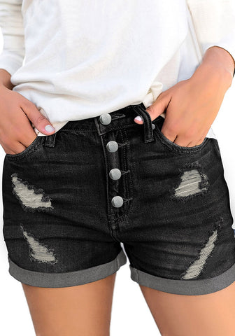 Women High Waisted Denim Shorts Ripped Button Fly Cuffed Jean Shorts