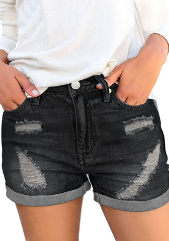 Women's High Waisted Rolled Hem Distressed Jeans Ripped Denim Shorts