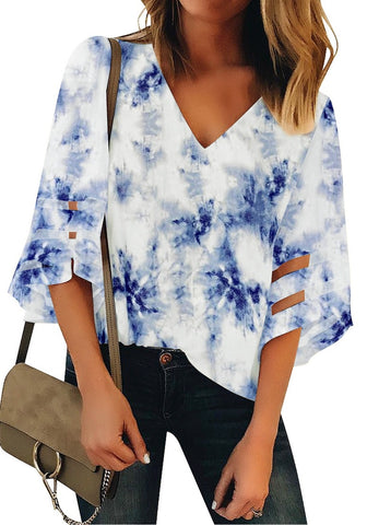 Tie Dye Navy Women's V Neck Shirt Printed Top 3/4 Bell Sleeve Mesh Panel Blouse