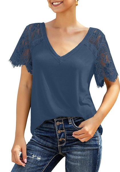 Front view of model wearing blue crochet lace short sleeves striped V-neckline top