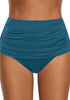 Front view of model wearing blue green high waist ruched swim bottom