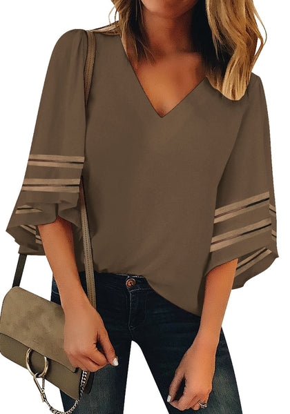 Front view of model wearing brown 3-4 ribbon mesh panel sleeves V-neckline loose top