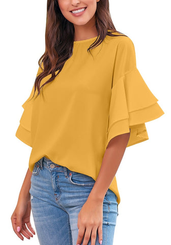 Golden Apricot  Women's Summer Blouse Casual Ruffle 3/4 Sleeve Tops Loose Shirts