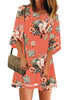 Front view of model wearing coral 3-4 bell sleeves mesh panel crew-neckline floral loose dress