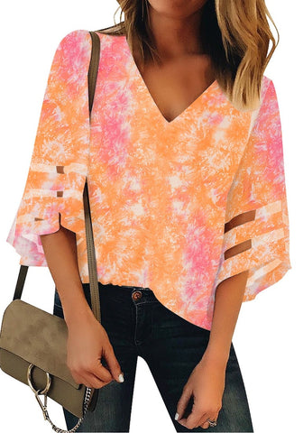 Tie Dye Orange Women's V Neck Mesh Panel Blouse 3/4 Bell Sleeve Loose Top Shirt