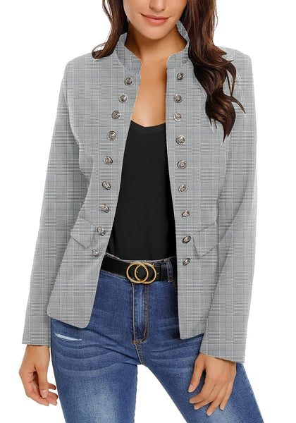 Front view of model wearing grey plaid stand collar open-front blazer