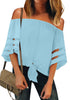 Front view of model wearing light blue 3-4 bell mesh panel sleeves tie-front off-shoulder top