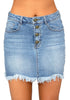 Front view of model wearing light blue frayed raw hem buttons denim mini skirt