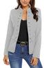 Front view of model wearing light grey stand collar open-front blazer