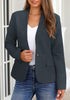 Front view of model wearing navy V-neckline single button blazer