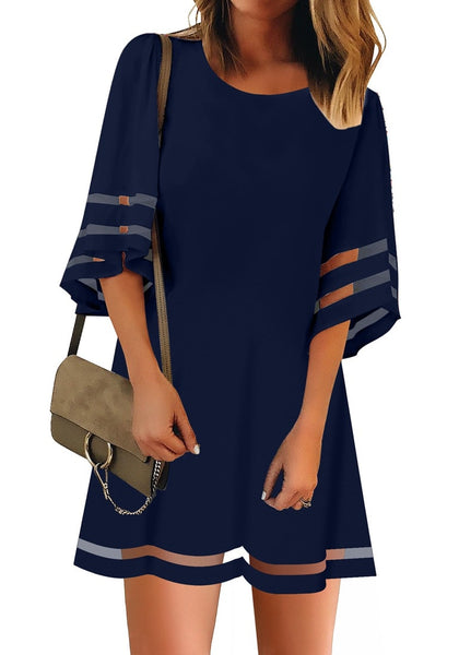 Front view of model wearing navy blue 3-4 bell sleeves mesh panel crew-neckline loose dress