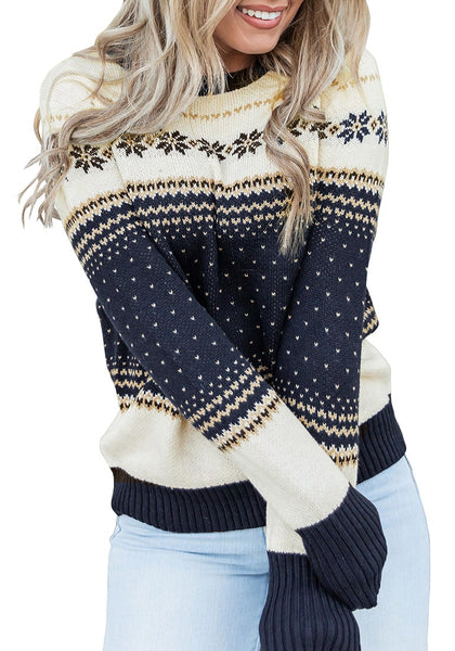 Front view of model wearing navy crew neck snowflake colorblock knit sweater