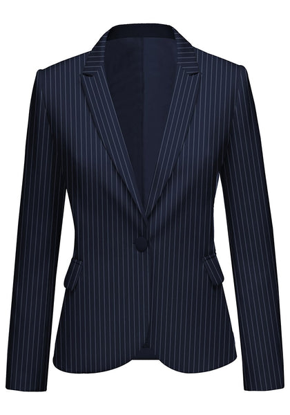 Front view of model wearing navy striped back-slit notched lapel blazer