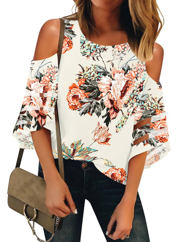 Ivory Floral Women's Cold Shoulder Loose Shirt Tops 3/4 Bell Mesh Sleeve Blouse