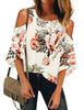 Front view of model wearing off-white 3-4 bell mesh panel sleeves cold-shoulder loose floral top