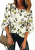 Front view of model wearing off white 3-4 bell mesh panel sleeves crew neck leaf-print loose top.