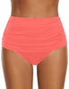 Front view of model wearing salmon high waist ruched swim bottom