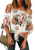 Front view of model wearing white 3-4 bell mesh panel sleeves tie-front off-shoulder floral top
