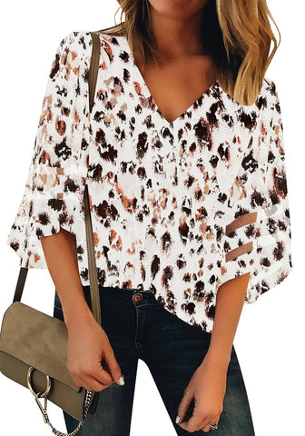 Leopard Print Beige Women's V Neck Shirt Printed Top 3/4 Bell Sleeve Mesh Panel Blouse